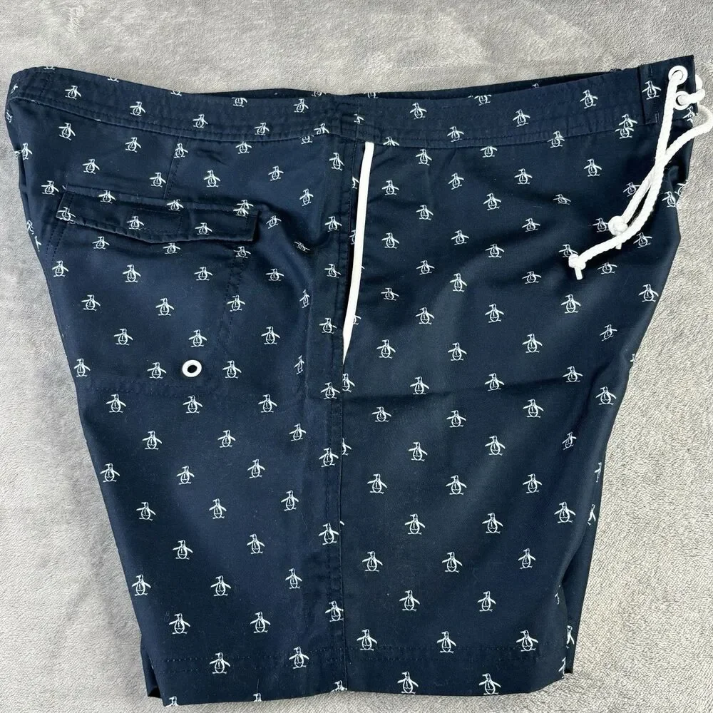 Penguin Swim Trunks Men's 38 Volley 6” Shorts Lined‎ Blue All Over Print Logo